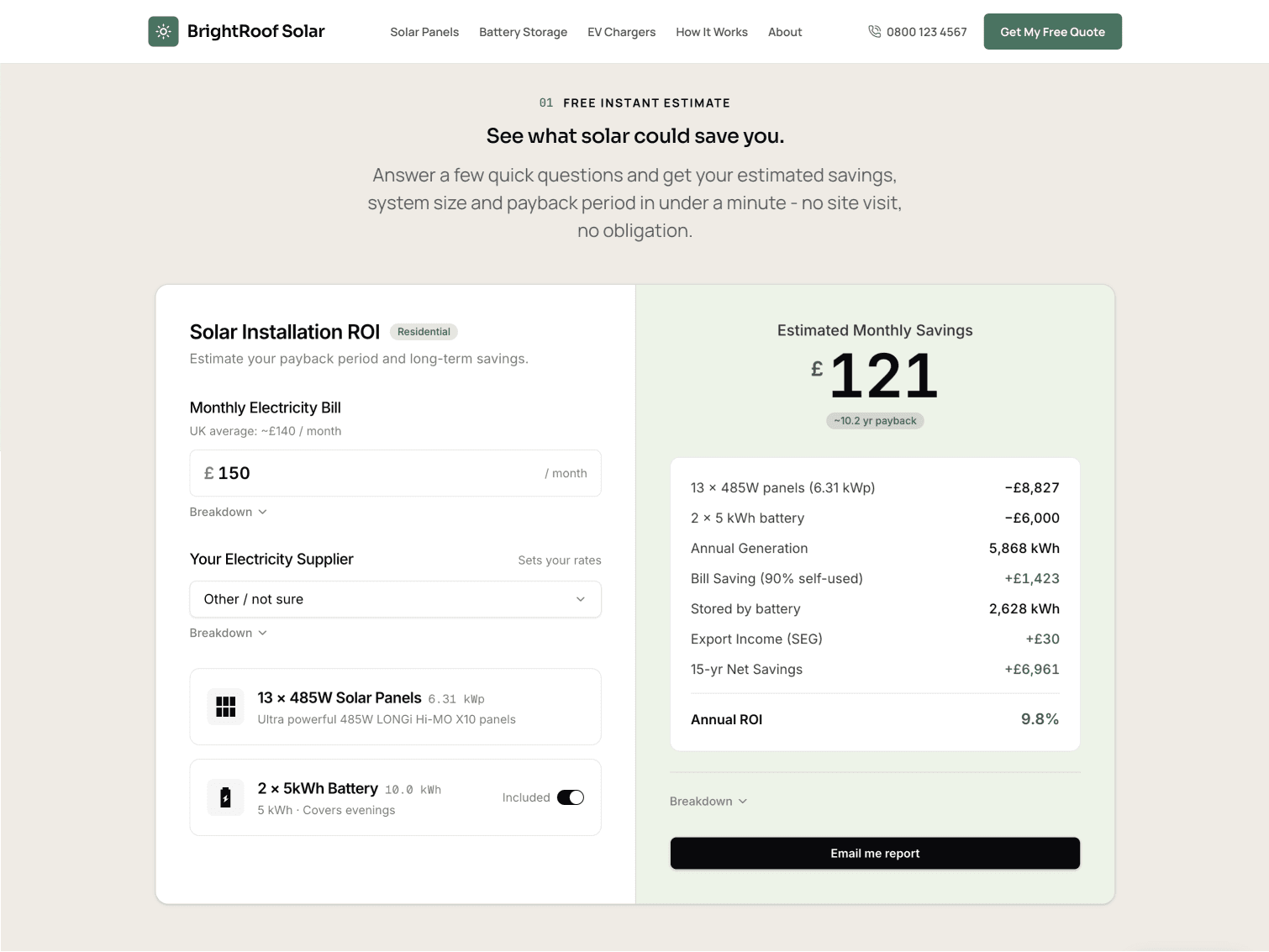 The solar calculator embedded on an installer's website