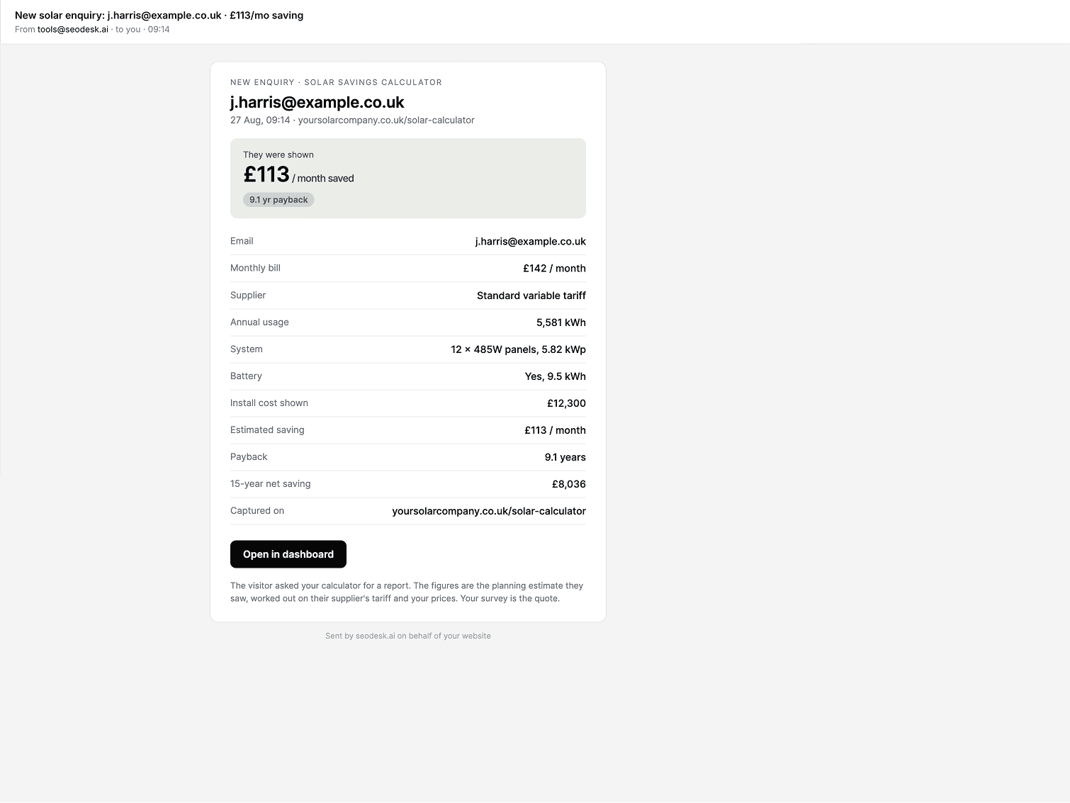 The lead email an installer receives: the visitor's bill, supplier, system size, saving and payback